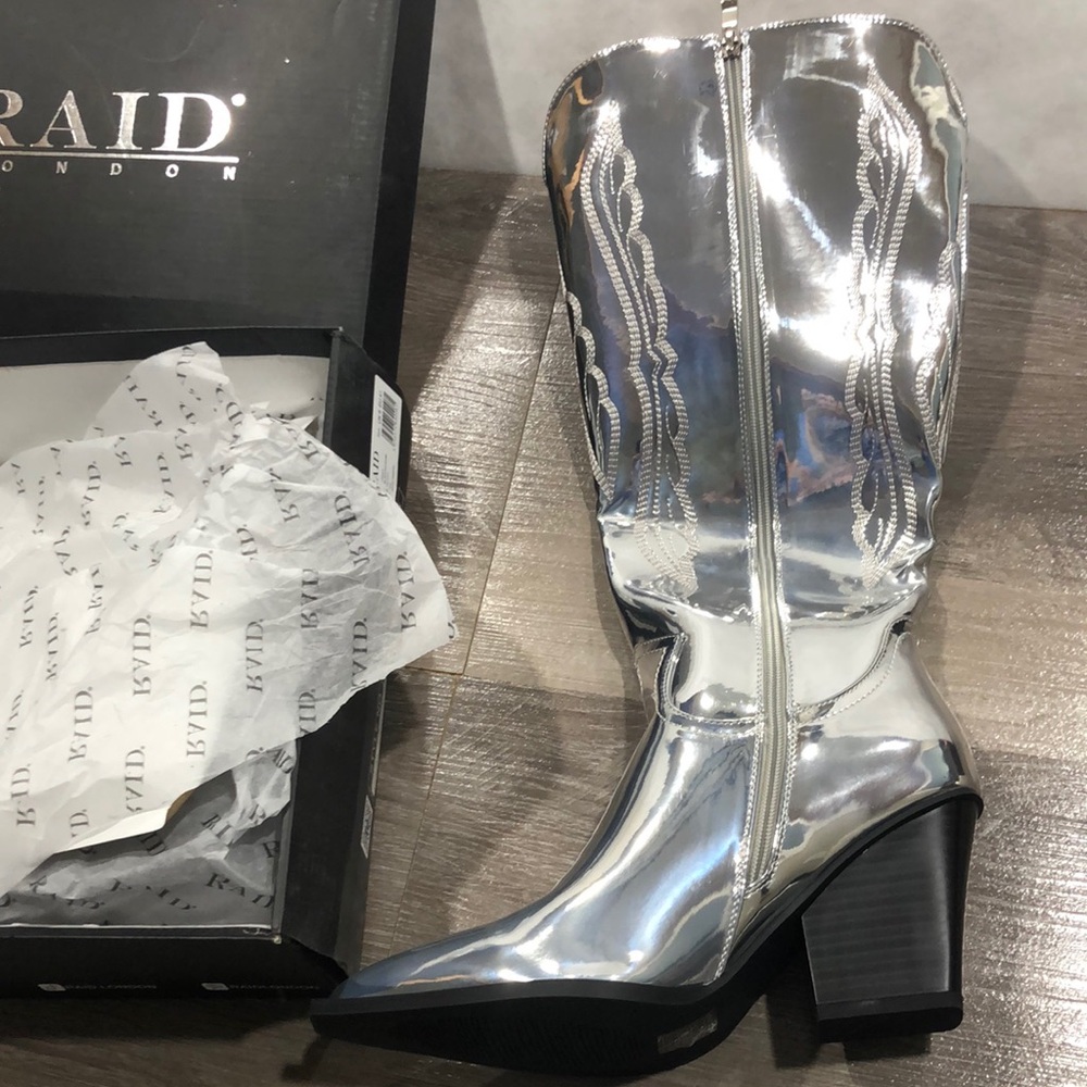 Raid London OSHAA Silver Highshine Patent Mirror Cowgirl Knee Boots New